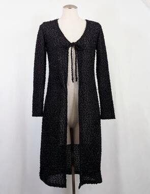 Vintage Y2K Cardigan Sweater Duster Black Metallic Tie Front Women's Size S